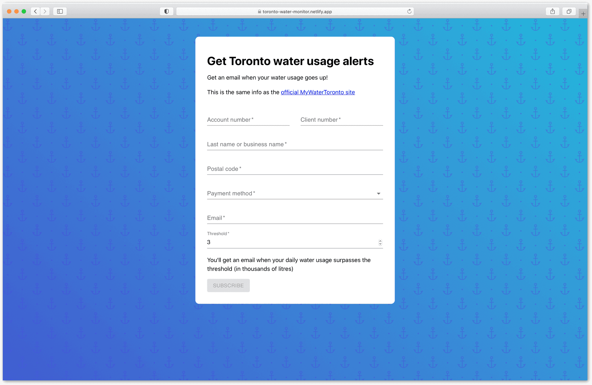 Screenshot of toronto water monitor project on the Safari browser
